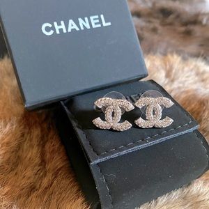 Chanel cc earrings, crystal silver size of quarter. These were a gift.